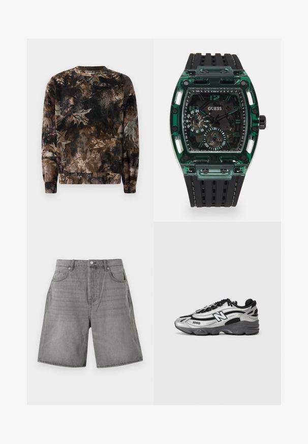Svetra s kamuflažnim vzorcem v rjavi barvi, s krožnim izrezom, dolgimi rokavi in rebrastimi manšeti, izdelana iz mehkega, strukturiranega blaga.; Sive jeans kratke hlače s klasičnim petim žepom, zavihki na robovih in gumbom za zapiranje. Tkanina ima rahlo obrabljen videz.; Srebrni in črni športni čevlji z mrežastim zgornjim delom, oblazinjeno podplatom, vezanjem in podrobnostmi blagovne znamke na strani.; Ura Guess z značilnim pravokotnim zelenim plastičnim ohišjem, črnimi teksturiranimi gumijastimi trakovi in več prikazovalniki z izrazitimi številkami in akcenti.