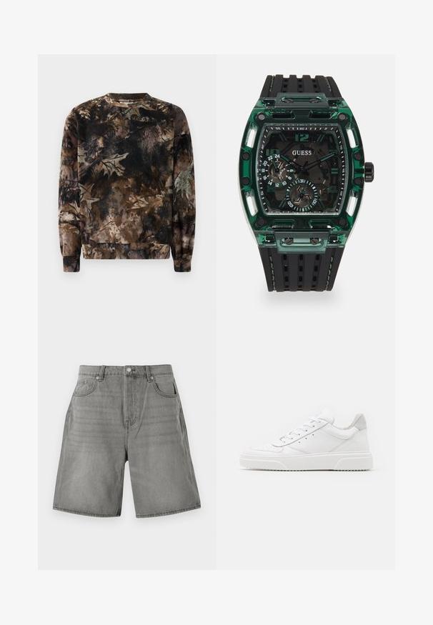 Felpa con motivo camouflage marrone, collo rotondo, maniche lunghe e polsini a coste, realizzata in tessuto morbido e testurizzato.; Shorts in denim grigio con un classico design a cinque tasche, orli risvolti e chiusura a bottone. Il tessuto ha una texture leggermente consumata.; Sneaker bianche in pelle con finitura liscia, punta arrotondata, lacci piatti e suola texturizzata. Accento in suede grigio sul tallone.; Orologio Guess con cassa rettangolare in plastica verde, cinturino in gomma nera testurizzata e più quadranti con numeri e dettagli in grassetto.