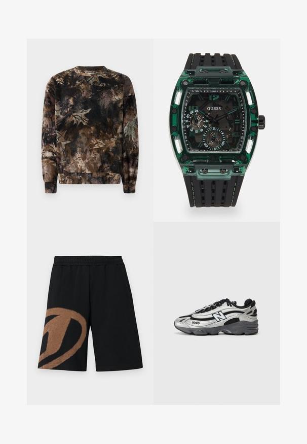 Smeđi dukserica s kamuflažnim uzorkom, s okruglim izrezom, dugim rukavima i rebrastim manžetama, izrađena od mekog, teksturiranog materijala.; Crne kratke hlače s elastičnim strukom, velikim braon apstraktnim motivom na lijevoj nozi i bočnim džepovima.; Siva i crna atletska obuća s mrežastim gornjim dijelom, mekanim potplatom, vezanjem i detaljem brendiranja sa strane.; Guess sat s pravokutnim zelenim plastičnim kućištem, crnim teksturiranim gumenim narukvicom i više brojčanika s izraženim brojevima i naglascima.