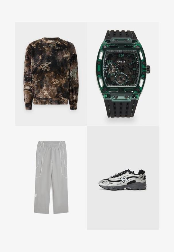 Brūns kamuflāžas raksta sporta krekls ar apaļu kaklu, garām piedurknēm un ribinātiem apkakles galiem, izgatavots no mīksta, teksturēta auduma.; Gaiši pelēkas elastīgas sporta bikses ar baltām apdari detaļām un Puma logo augšējā priekšējā daļā, brīva piegriezuma un taisnām kājām.; Sudraba un melni sporta apavi ar acs auduma augšdaļu, mīkstinātu zoli, auklu dizainu un sānu zīmola detalizāciju.; Guess pulkstenis ar taisnstūra formas zaļu plastmasas korpusu, melnu teksturētu gumijas siksnu un vairākiem ciparnīcām ar izteiksmīgiem skaitļiem un akcentiem.