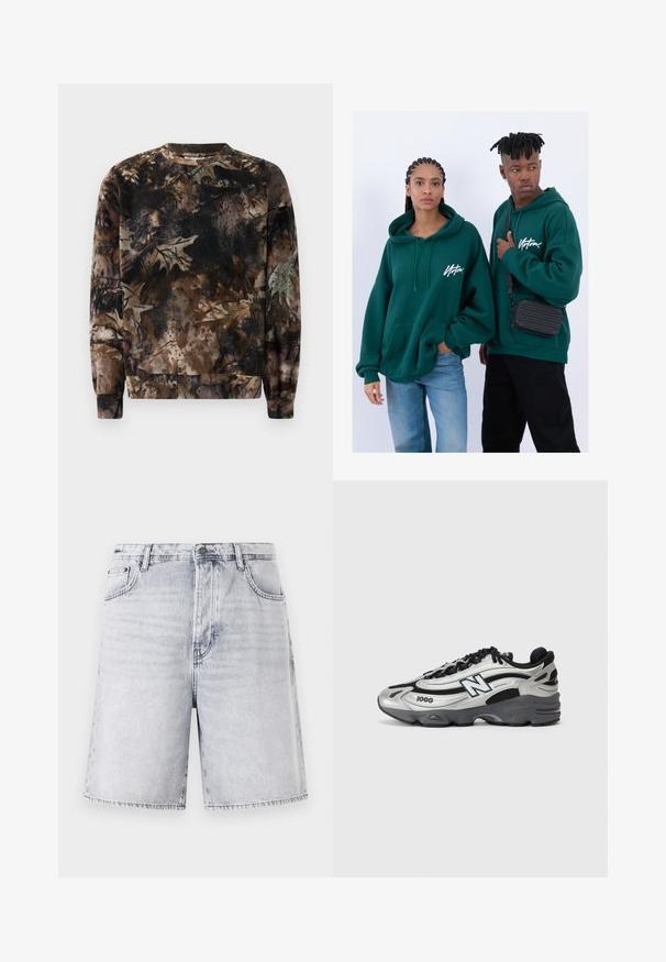 Brūns kamuflāžas raksta sporta krekls ar apaļu kaklu, garām piedurknēm un ribinātiem apkakles galiem, izgatavots no mīksta, teksturēta auduma.; Gaiši pelēki džinsu īsie šorti ar nedaudz nolietotu apdari. Iezīmēti ar piecām kabatām, jostas cilpām un rāvējslēdzēju ar pogas aizdari.; Sudraba un melni sporta apavi ar acs auduma augšdaļu, mīkstinātu zoli, auklu dizainu un sānu zīmola detalizāciju.; Zaļi kapuci džemperi ar priekšējām kabatām, brīva piegriezuma. Viens modelis valkā melnus džinsus, otrs nes melnu krišanas somu.; Zelta toņa rokas pulkstenis ar melnu seju, trīs apakšdialiem un gumijas siksniņu, valkāts kopā ar balto krekla ar mežģīņu rakstu.