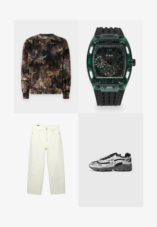 Felpa con motivo camouflage marrone, collo rotondo, maniche lunghe e polsini a coste, realizzata in tessuto morbido e testurizzato.; Jeans in denim bianco a gamba larga con vita alta, cinque tasche, chiusura a bottone e texture sottile, caratterizzati da gambe dritte e comode.; Scarpe sportive argento e nere con tomaia in rete, suola imbottita, design con lacci e dettagli di branding laterali.; Orologio Guess con cassa rettangolare in plastica verde, cinturino in gomma nera testurizzata e più quadranti con numeri e dettagli in grassetto.