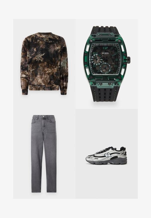 Barna kamuflázsmintás pulóver kerek nyakkal, hosszú ujjakkal és bordás mandzsettával, puha, texturált anyagból készült.; Szürke farmernadrág egyenes szárú dizájnnal, öt zsebes stílusban, fémdobozzárással és finom halványodó textúrával.; Ezüst és fekete sportcipők, hálós felsőrésszel, párnázott talppal, fűzős kialakítással és oldalsó márkázással.; Guess óra, téglalap alakú zöld műanyag házzal, fekete texturált gumipánttal, és számos tárcsával, amelyek karakteres számokkal és kiemelésekkel rendelkeznek.