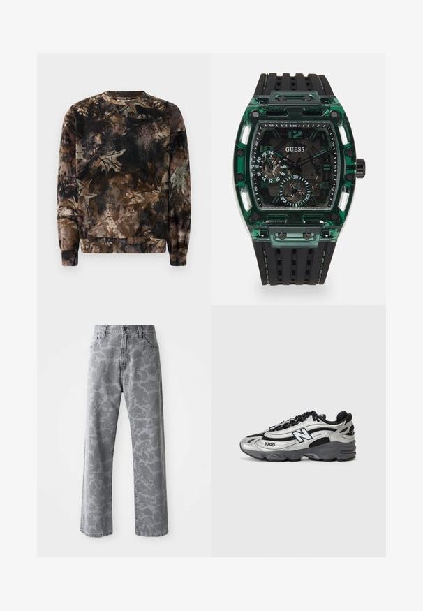 Pruun kamuflaažimustriga sviiter, millel on ümmargune kaelus, pikad varrukad ja soonikkoes mansetid, valminud pehmest tekstuurilisest kangast.; Hallikate denimi teksad, millel on kamuflaažimuster, sirged sääred, viis taskut ja nööpidega sulgumine.; Hõbedased ja mustad spordijalatsid, millel on võrgusilma ülemine osa, pehmendusega põhi, sidumisdisain ja külgjälje detail.; Guessi kellal, millel on ristkülikuline roheline plastikust korpus, must tekstuuriga kummirihm ning mitmed dials julgete numbrite ja aktsentidega.