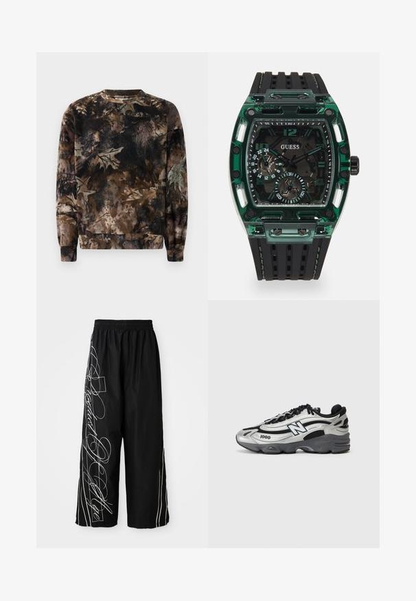 Brown camouflage-patterned sweatshirt with a crew neck, long sleeves, and ribbed cuffs, made from soft, textured fabric.; Black, wide-leg, cropped pants made of lightweight fabric. Features white embroidered designs and accents flowing down the sides. Elastic waistband.; Silver and black athletic shoes featuring a mesh upper, cushioned sole, lace-up design, and side branding detail.; Guess watch featuring a rectangular green plastic case, black textured rubber strap, and multiple dials with bold numbers and accents.