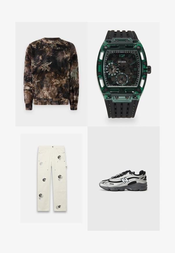 Svetra s kamuflažnim vzorcem v rjavi barvi, s krožnim izrezom, dolgimi rokavi in rebrastimi manšeti, izdelana iz mehkega, strukturiranega blaga.; Svetlo bež cargo hlače z več žepi, okrašene z črnimi in srebrnimi grafičnimi vzorci. Narejene iz trpežnega blaga z sproščenim krojem.; Srebrni in črni športni čevlji z mrežastim zgornjim delom, oblazinjeno podplatom, vezanjem in podrobnostmi blagovne znamke na strani.; Ura Guess z značilnim pravokotnim zelenim plastičnim ohišjem, črnimi teksturiranimi gumijastimi trakovi in več prikazovalniki z izrazitimi številkami in akcenti.