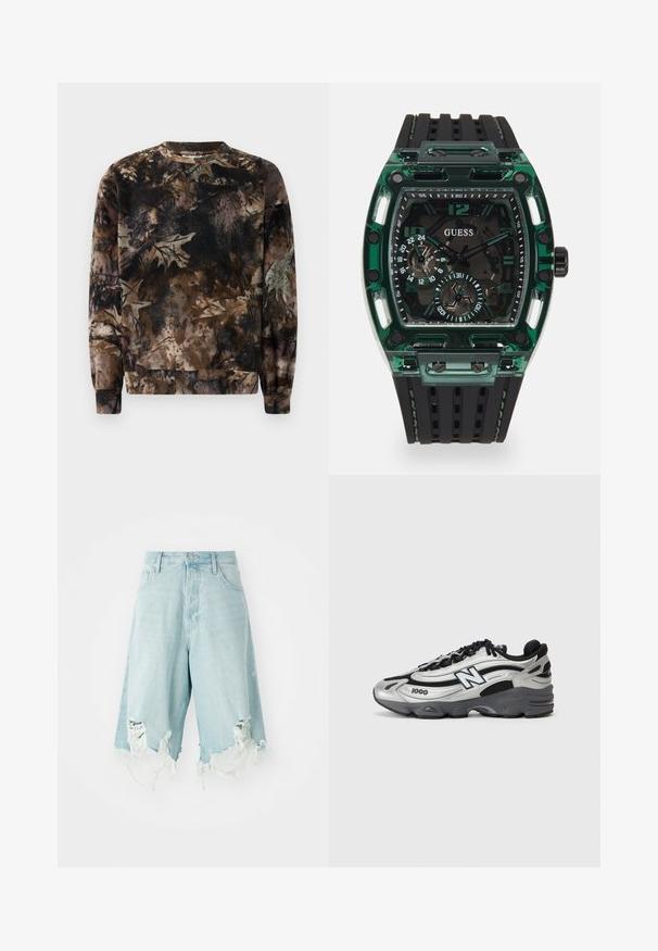 Brūns kamuflāžas raksta sporta krekls ar apaļu kaklu, garām piedurknēm un ribinātiem apkakles galiem, izgatavots no mīksta, teksturēta auduma.; Gai zili džinsa šorti ar augstu jostasvietu, ar nolietotām vietām un saplēstiem malām. Izstrādāti ar piecām kabatām un klasisku pogu aizdari.; Sudraba un melni sporta apavi ar acs auduma augšdaļu, mīkstinātu zoli, auklu dizainu un sānu zīmola detalizāciju.; Guess pulkstenis ar taisnstūra formas zaļu plastmasas korpusu, melnu teksturētu gumijas siksnu un vairākiem ciparnīcām ar izteiksmīgiem skaitļiem un akcentiem.