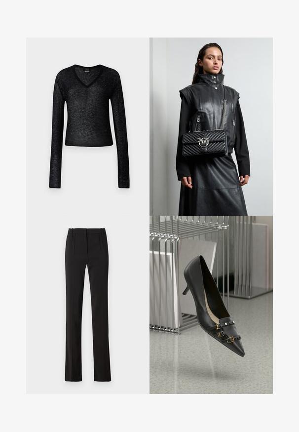 Pinko SALOMONE - Pullover - nero limousine; Pantalon noir sur mesure avec une coupe droite, deux plis à l'avant et une texture de tissu lisse. Pas de poches ni de matériel visible.; Chaussure à talon haut en cuir noir avec un bout pointu, présentant deux détails de sangle avec des boucles dorées et des clous noirs. Texture lisse et design épuré.; Gilet en cuir noir avec col haut, poches zippées, et un sac à main noir matelassé avec un accent en métal argenté, porté avec une longue jupe noire.