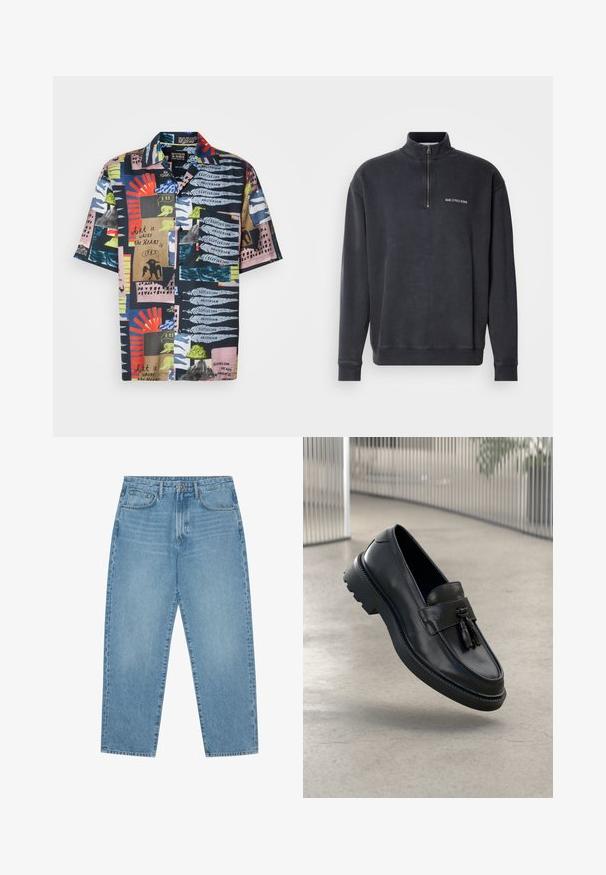 Dunkelgrauer Sweatpullover mit Viertelreißverschluss aus Baumwollmischung. Mit geripptem Kragen und Bündchen, sowie einem kleinen weißen Logo auf der Brust. Glatte Textur.; Kurzarmhemd mit einem dunkelblauen Grundton und lebhaften, abstrakten Mustern in Rot, Grün, Pink und Blau. Das Material scheint leicht und bunt zu sein.; Hellblaue Jeans aus Denim mit geradem Bein, Fünf-Taschen-Design und leicht verwaschener Textur. Mit Knopf- und Reißverschluss ausgestattet.; Schwarze Leder-Loafer mit glatter Oberfläche, dekorativem Quasten, dicker Gummisohle und abgesteppten Akzenten. Leichtes und schlankes Design.