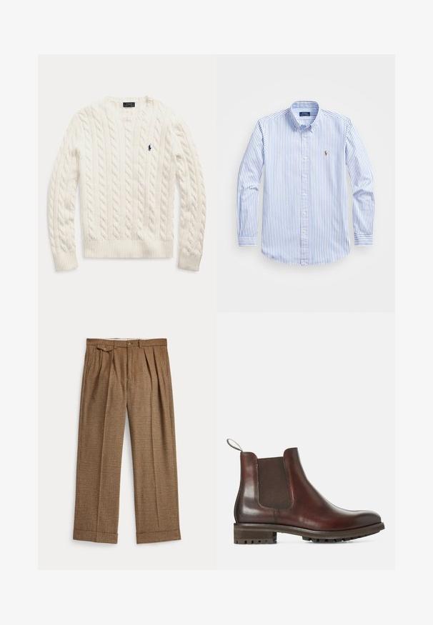 Bela pletena dolg rokav pulover s rebrastimi manšetami in robom, z majhnim mornarsko modrim izvezenim logotipom Polo Ralph Lauren na prsih.; Svetlo modra in bela prugasta srajca z gumbi, klasičnim ovratnikom, dolgimi rokavi in majhnim vezenim logotipom na prsih.; Rjave karo hlače s potiskom in nabrano zasnovo, izdelane iz teksturiranega blaga. Imajo zapenjanje na gumb in ovrnjene robove.; Rjave usnjene Chelsea škornje z elastičnimi stranskimi paneli, zanko za obuvanje in teksturiranim gumijastim podplatom. Gladek finiš z robustnim nizkim petam.