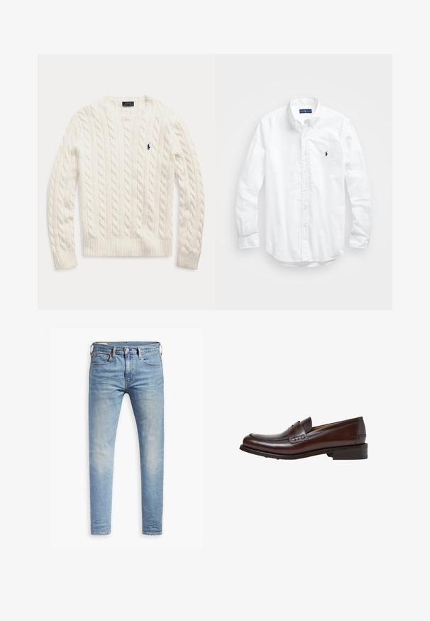 Bijela pletena dukserica dugih rukava s rebrastim manžetama i rubom, s malim mornarsko plavim izvezenim logotipom Polo Ralph Lauren na prsima.; Bijela košulja dugih rukava s gumbima izrađena od pamuka. Ima klasični ovratnik, gumbaste manžete i mali brodasti logo u tamnoplavoj boji na prsima.; Svijetloplave uske traperice s laganim izblijedjenjem na bedrima, prednje kopčanje na dugme, petlje za remen i pet džepova na bijeloj pozadini.; Hackett London JAME MIRROW - Mokasinke - brown
