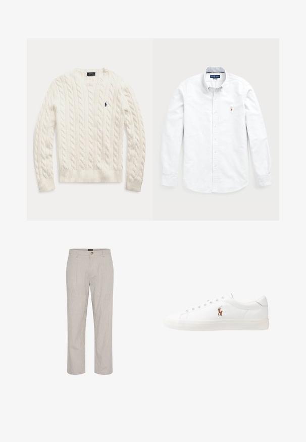 Fehér, zakózott kötött, hosszú ujjú pulóver bordás mandzsettával és alsó szegéllyel, amelyen egy kis sötétkék hímzett Polo Ralph Lauren logó található a mellrészen.; Fehér, hosszú ujjú, gombos ing, pamutból készült. Széles gallérral, gombos záródással és egy kis hímezett logóval rendelkezik a mellkasán.; Világosszürke csíkos nadrág, egyenes szabású kivitel, egy gombos záródással a deréknál és két elülső zsebbel. Sima textúra.; Fehér bőr sportcipők, alacsony fazonban, sima textúrával, kerek orral, fűzős előlappal és egy kis hímezett logóval az oldalon.
