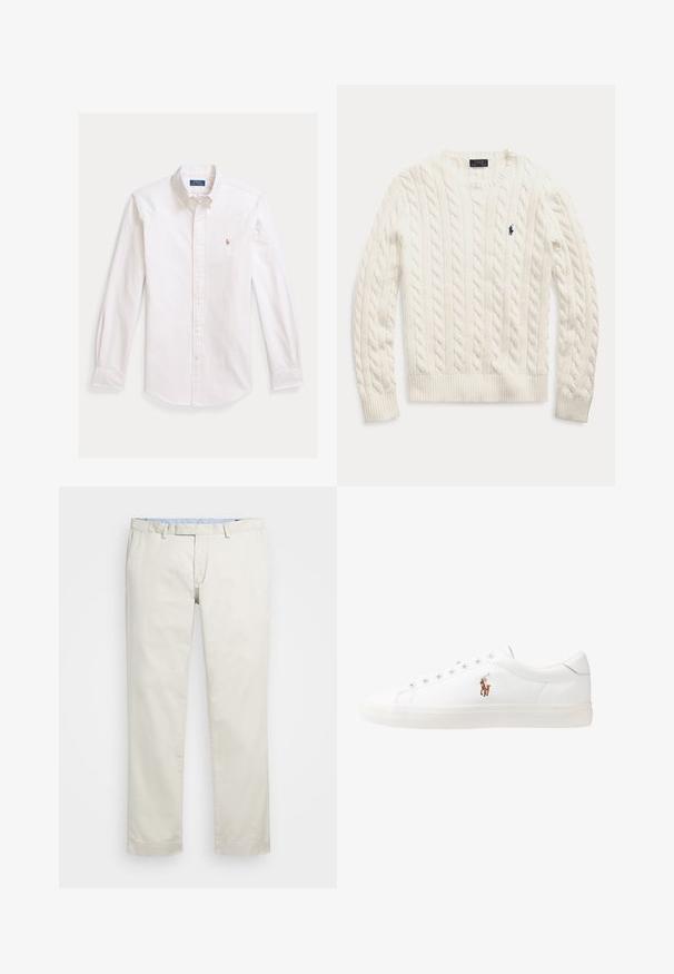 Hvit kabelstrikket langermet genser med ribbestrikkede mansjetter og hem, med et lite marineblått brodert Polo Ralph Lauren-logo på brystet.; Hvit skjorte med knapper og lyseblå og beige vertikale striper. Har spiss krage, lange ermer og en liten brodert logo på brystet.; Beige bomullskjoler med flat front, beltehemper og sidelommer. Rett ben-design med en glatt tekstur og en lett, pustende følelse.; Hvite lærsko, lavt design, med en glatt tekstur, rund tå, snøring foran, og en liten brodert logo på siden.