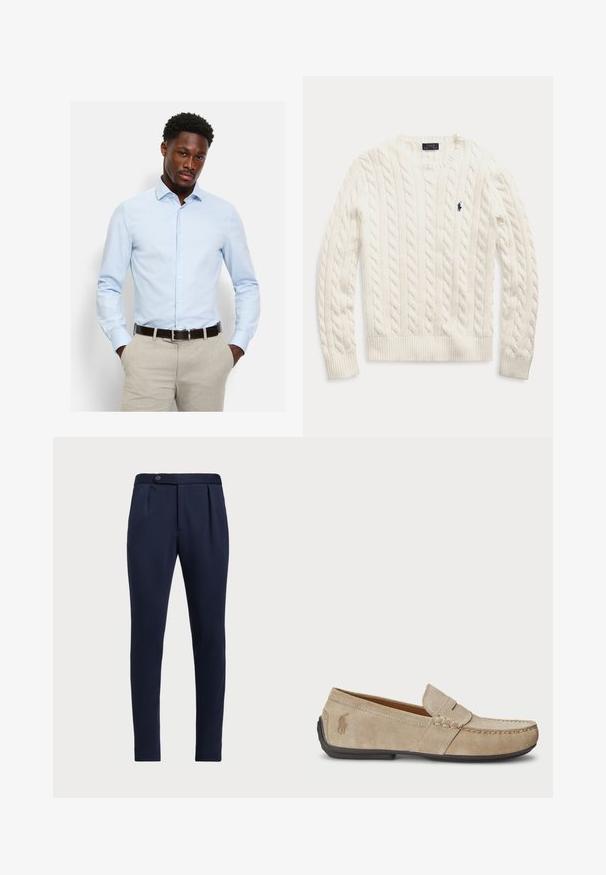 Bela pletena dolg rokav pulover s rebrastimi manšetami in robom, z majhnim mornarsko modrim izvezenim logotipom Polo Ralph Lauren na prsih.; Svetlo modra srajca z dolgimi rokavi, izdelana iz gladkega blaga. Ima ostri ovratnik in prilegajoč kroj, nošena z bež hlačami.; Temno modri hlače po meri z ravnim sprednjim delom, dvema sprednjima pregiboma in z enim gumbom za zapiranje, iz gladkega teksturiranega materiala.; Bež nubuk loafers s šivano podrobnostjo, ravnim gumijastim podplatom in majhnim logotipom ob strani. Klasična zasnova za enostavno obuvanje, mehak material.