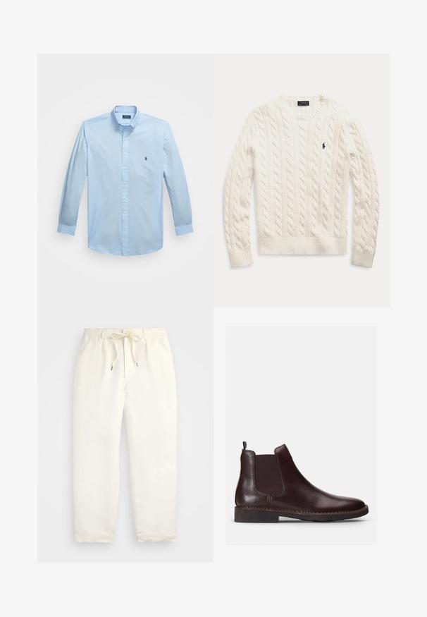 Biały sweter z długim rękawem w splot kablowy, z prążkowanymi mankietami i dołem, z małym granatowym haftowanym logo Polo Ralph Lauren na klatce piersiowej.; Jasnoniebieska, długosleeve koszula zapinana na guziki, wykonana z gładkiego materiału, z kołnierzykiem typu button-down i małym wyszywanym logo na lewej piersi.; Jasna kremowa, casualowa para spodni wykonanych z miękkiego materiału. Posiada elastyczny pas ze sznurkiem i zwężający się krój nogawek.; Brązowe skórzane botki Chelsea z elastycznymi panelami bocznymi i uchwytem. Okrągły czubek i przeszycia na podeszwie dodają tekstury i stylu.