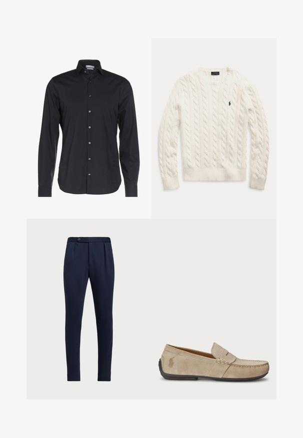 Valge soonikuga pikkade varrukatega kampsun, millel on ribatud varrukaotsad ja alläär, ning rinnal on väike tumesinine Polo Ralph Laureni logo brodering.; Must mustaga, pikad varrukad, valmistatud siledast kangast. Omab nööpidega kraed, esist nööbitamist ja diskreetset logo rinnal.; Tumesinine voodriga püksid, millel on tasane esiosa, kaks esirühti ja ühe nupuga sulgemine, mis on valmistatud siledast tekstuuriga kangast.; Bež sueded loafers, mille õmblustega detailide, lame kummitald ja väike logo küljel. Klassikaline libisev disain, pehme tekstuur.