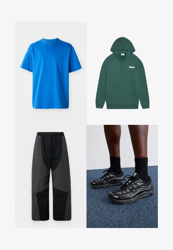 Green hoodie made of soft fabric with a kangaroo pocket, drawstring hood, and “Faded” logo in white on the left chest.; Blue cotton T-shirt with a round neck, short sleeves, and a relaxed fit. Smooth texture and simple design without patterns or accents.; Fleece-accented black pants with a relaxed fit, featuring contrasting dark gray fabric panels and an adjustable drawstring waistband.; Black Nike shoes feature a mesh upper with accent stripes, textured lacing, and a black rubber sole. Worn with black ribbed socks.