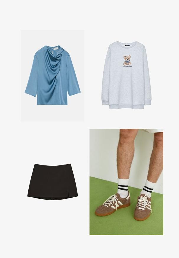 Vaaleanharmaa collegepaita, jossa on pyöreä kaula-aukko. Paidassa on brodeerattu karhu raidallisessa paidassa ja alla teksti "En voi sietää maanantaita".; Sininen satiinipaito, jossa on liehuva etuosa, pyöreä kaula-aukko ja kolmivartinen hihansuu. Sujuva pinta, jossa on hienovarainen kiilto ja takana avaus.; Musta minihame, valmistettu sileästä kankaasta, suora malli sivuhaara leikattuna ja siisti helma. Yksinkertainen ja monipuolinen.; Ruske nahkate sneakerit valkoisilla korostuksilla ja nauhoilla. Kumi-gumipohja. Yhdistetty valkoisiin sukkiin, joissa on mustia raitoja. Vihreä teksturoitu lattia.