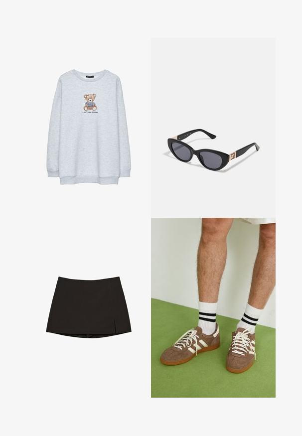 Lichtgrijze sweatshirt met een ronde hals, voorzien van een geborduurde beer in een gestreept shirt en de tekst "Ik kan maandagen niet verdragen" eronder.; Zwarte minirok gemaakt van gladde stof, met een rechte snit, zijopeningen en een nette zoom. Eenvoudig en veelzijdig.; Bruine suède sneakers met witte accenten en veters. Rubberen gumzool. Draag met witte sokken met zwarte strepen. Groene gestructureerde vloer.; Guess Zonnebril - shiny black; Donkerbruine leren handtas met een gevlochten kwast, gouden hardware, dubbele handvatten en een afneembare schouderriem op een witte achtergrond.