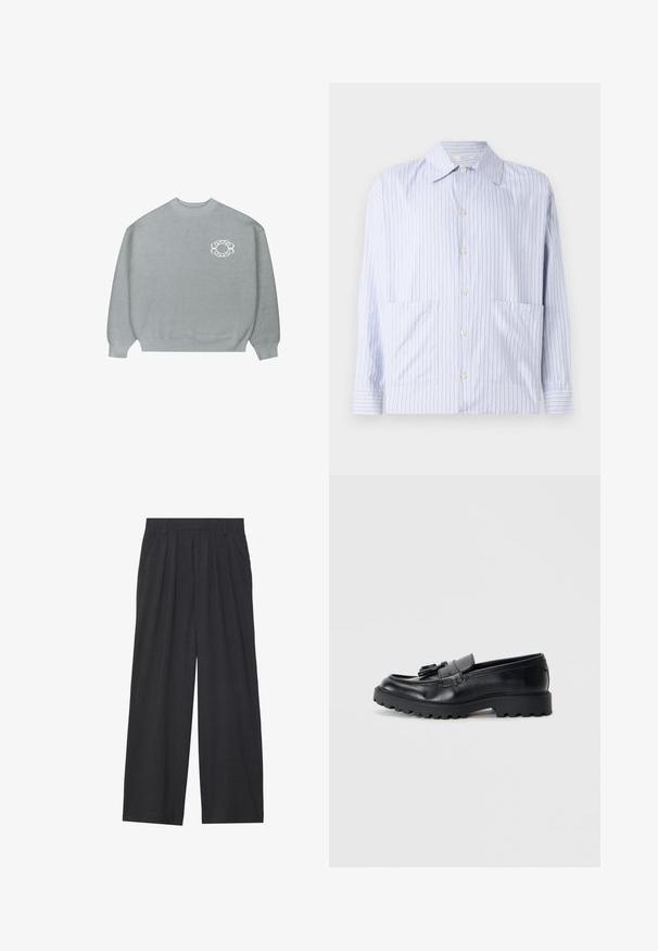 Heledhalli crewneck särk ripsmetega varrukaotsades ja allservas, millel on vasakul rinnal väike valge kettlinkide ringikujuline logo.; Ribade pikend särgid helesinises ja valges, klassikalise krae, nööpidega esiosa ja kahe esikotiga. Sile puuvillane kangas.; Laiene püksid, mis on valmistatud tumedast hallist kangast. Omavad vööümbrikus voldikuid, on kohandatud disainiga ja sirge siluett.; Musthave nahkased mustad loafers, millel on läikiv viimistlus, turske kummitald ja dekoratiivne fraktsioon ees.