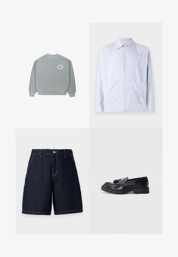 Lichtgrijze crewneck trui met ribgebreide manchetten en zoom, voorzien van een klein wit ketting-link cirkelvormig logo op de linkerkant van de borst.; Gestreept langarm shirt in lichtblauw en wit, met een klassieke kraag, knoopsluiting aan de voorkant en twee voorzakken. Glad katoen.; Donkerdenim short met een rechte snit. Voorzien van een knoopsluiting, voorkeurszakken en contrasterende witte stiksels langs de randen.; Zwarte leren loafers met een glanzende afwerking, een dikke rubberen zool en een decoratieve kwastdetail aan de voorkant.
