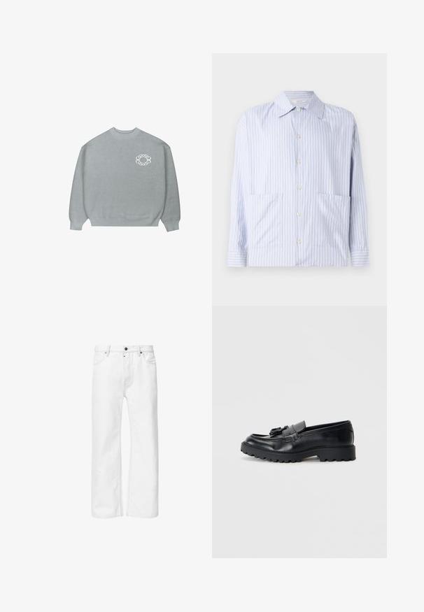 Maglione grigio chiaro a girocollo con polsini e orlo a costine, caratterizzato da un piccolo logo circolare a catena bianca sul lato sinistro del petto.; Maglietta a maniche lunghe a righe in blu chiaro e bianco, con colletto classico, chiusura a bottoni e due tasche frontali. Tessuto di cotone liscio.; Jeans in denim bianco con vestibilità a gamba dritta, design classico a cinque tasche e chiusura con bottone metallico in vita, caratterizzati da cuciture tonali.; Mocassini in pelle nera con finitura lucida, suola in gomma spessa e dettaglio decorativo con nappina sul davanti.