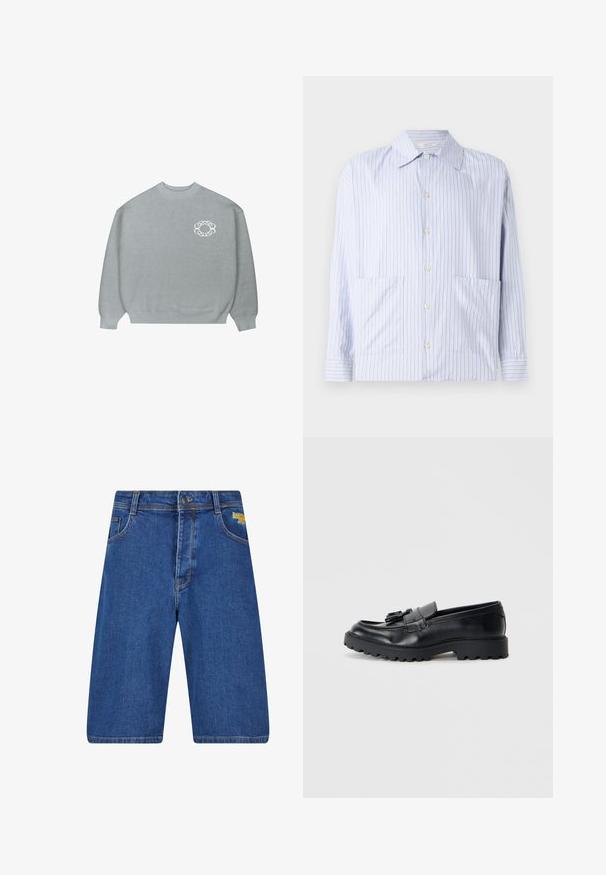 Világosszürke, kerek nyakú pulóver bordás mandzsettával és aljjal, bal mellen egy kis fehér láncsoros kör alakú logóval.; Csíkos, világoskék és fehér hosszú ujjú ing, klasszikus gallérral, gombos elülső résszel és két elülső zsebbel. Sima pamut anyag.; Sötétkék farmer rövidnadrág laza fazonnal, standard öt zsebes dizájnnal, sárga logó részlettel és kontrasztos varrással.; Fekete bőr mokaszinok fényes felülettel, vastag gumi talppal és dekoratív bojtból készült díszítéssel az elején.