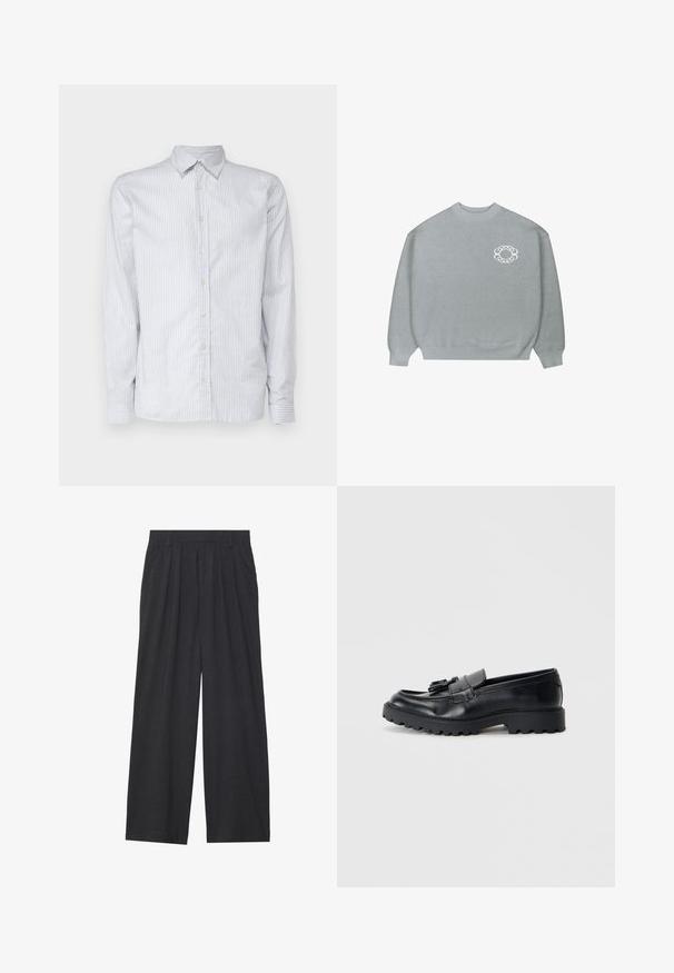 Lichtgrijze crewneck trui met ribgebreide manchetten en zoom, voorzien van een klein wit ketting-link cirkelvormig logo op de linkerkant van de borst.; Lichtblauw gestreept overhemd met lange mouwen van katoen. Kenmerkt zich door een klassieke kraag, een knoopsluiting aan de voorkant en smalle manchetten met bijpassende strepen.; Wijd-uitlopende broeken van donkergrijze stof. Kenmerken zijn plooien bij de taille, een tailor-made ontwerp en een rechte silhouet.; Zwarte leren loafers met een glanzende afwerking, een dikke rubberen zool en een decoratieve kwastdetail aan de voorkant.