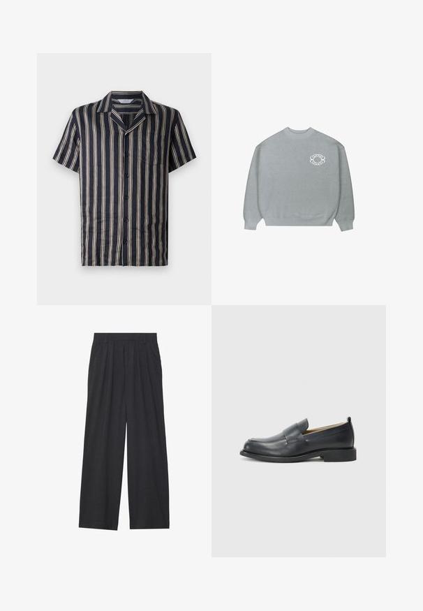 Vaaleanharmaa pyöreäkauluksinen neulepusero, jossa on ribbireunukset hihansuissa ja helmassa, ja vasemmassa rinnassa pieni valkoinen ketjumainen ympyrälogo.; Tummansininen, lyhythihainen paita, jossa on pystysuorat vaaleanruskeat raidat, leveä kaulus, etutasku ja nappisulku. Paita on valmistettu kevyestä ja pehmeästä kankaasta.; Suorat lahkeet valmistettu tummanharmaasta kankaasta. Ominaisuuksiin kuuluu laskokset vyötäröllä, muotoilu on siisti ja siluetti suora.; Musta nahkakengät, joissa on sileä pinta, litteä pohja ja pyöristetty varvas, sekä koristeellinen nauha päälliosassa.