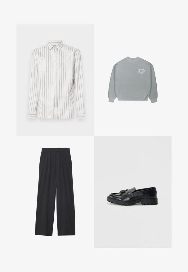 Jasnoszary sweter typu crewneck z prążkowanymi mankietami i dołem, z małym białym okrągłym logo w kształcie łańcucha po lewej stronie klatki piersiowej.; Biała koszula z długim rękawem w czarne pionowe paski, z kołnierzykiem zapinanym na guziki i guzikami z przodu. Miękka tkanina o gładkiej fakturze.; Szerokie spodnie wykonane z ciemnoszarego materiału. Posiadają pliski w talii, dopasowany krój oraz prostą sylwetkę.; Czarne skórzane mokasyny o błyszczącej powierzchni, z masywną gumową podeszwą i dekoracyjnym detalem w postaci frędzli z przodu.