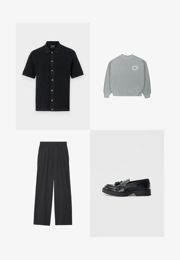 Heledhalli crewneck särk ripsmetega varrukaotsades ja allservas, millel on vasakul rinnal väike valge kettlinkide ringikujuline logo.; Tumesinine lühikeste varrukatega polo särk, millel on tekstureeritud kangas, kraega dekoltee ja pruunid nööbid ees. Sile alläär ja kontrastne äär.; Laiene püksid, mis on valmistatud tumedast hallist kangast. Omavad vööümbrikus voldikuid, on kohandatud disainiga ja sirge siluett.; Musthave nahkased mustad loafers, millel on läikiv viimistlus, turske kummitald ja dekoratiivne fraktsioon ees.