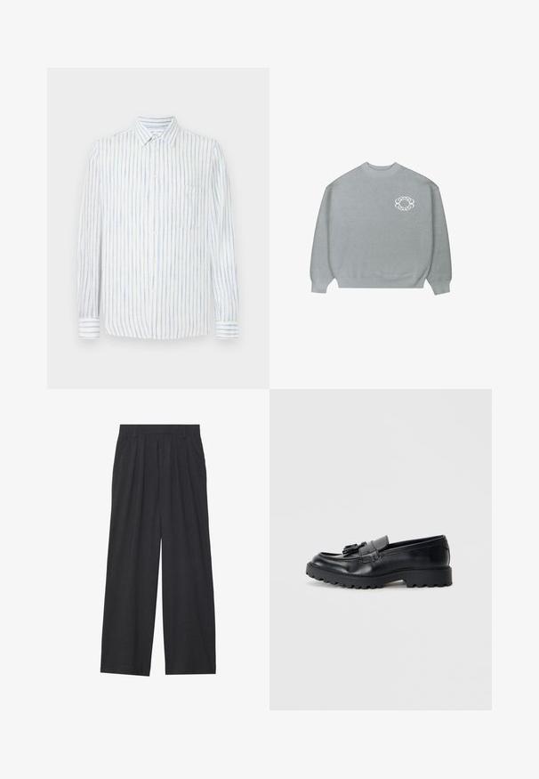 Svetlo šedý sveter s okrúhlym výstrihom, so zúženými manžetami a lemom, ktorý má na ľavej hrudi malé biele logo v tvare kruhu so vzorom reťaze.; Biela košeľa s modrými vertikálnymi pruhmi, zapínanie na gombíky, dlhé rukávy, jedna náprsní vrecko a svetlá, štruktúrovaná tkanina.; Široké nohavice vyrobené z tmavosivej látky. Majú prešívanie v páse, prispôsobený strih a rovný silueta.; Čierne kožené loafers s lesklým povrchom, robustnou gumovou podrážkou a ozdobným detailom v podobe strapca na prednej strane.