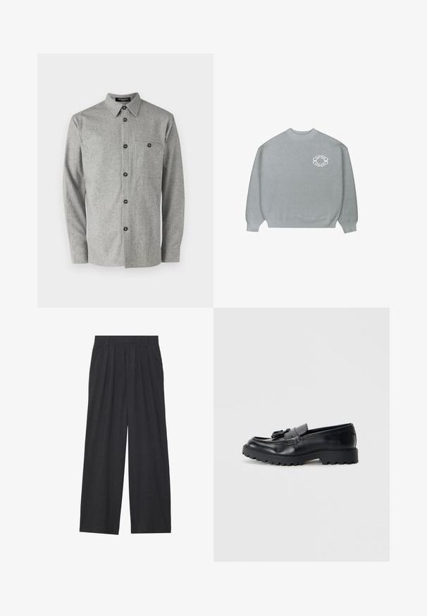 Světle šedý svetr s kulatým výstřihem, s žebrovanými manžetami a lemem, který zdobí malé bílé kruhové logo ve tvaru řetězu na levé straně hrudi.; Šedá vlněná košile s límcem na knoflíky, dlouhými rukávy, přední kapsou a černými knoflíky. Má texturovaný povrch.; Široké kalhoty vyrobené z tmavě šedé látky. Mají plisování v pase, střih na míru a rovný siluetu.; Černé kožené mokasíny s lesklým povrchem, robustní gumovou podrážkou a dekorativním detailem v podobě třásní na přední straně.