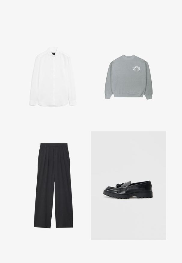 Jasnoszary sweter typu crewneck z prążkowanymi mankietami i dołem, z małym białym okrągłym logo w kształcie łańcucha po lewej stronie klatki piersiowej.; Biała koszula z długim rękawem, uszyta z gładkiego materiału, z zapięciem na guziki, spiczastym kołnierzykiem i zaokrąglonym dołem oraz mankietami zapinanymi na guziki.; Szerokie spodnie wykonane z ciemnoszarego materiału. Posiadają pliski w talii, dopasowany krój oraz prostą sylwetkę.; Czarne skórzane mokasyny o błyszczącej powierzchni, z masywną gumową podeszwą i dekoracyjnym detalem w postaci frędzli z przodu.