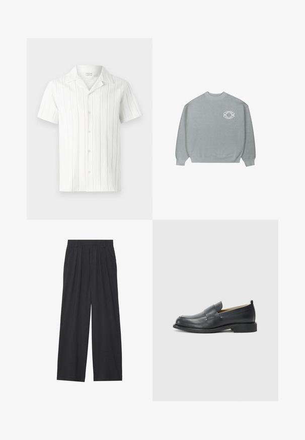 Light gray crewneck sweater with ribbed cuffs and hem, featuring a small white chain-link circular logo on the left chest.; White short-sleeve shirt with vertical textured stripes, a notched collar, and five buttons down the front, made from a lightweight fabric.; Wide-leg trousers made of dark gray fabric. Features pleats at the waist, a tailored design, and a straight silhouette.; Black leather loafers featuring a smooth finish, a flat sole, and a rounded toe with a decorative strap across the upper.