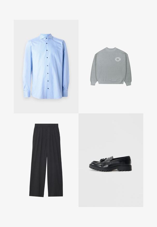Helles graues Rundhals-Pullover mit gerippten Bündchen und Saum, der ein kleines weißes Kettenmuster-Logo auf der linken Brust hat.; Hellblaues Button-up-Hemd mit weißen vertikalen Streifen, langen Ärmeln und einem klassischen Kragen. Verfügt über blaue Knöpfe und Akzente an den Manschetten.; Weit geschnittene Hosen aus dunkelgrauem Stoff. Merkmale sind Falten an der Taille, ein maßgeschneiderter Schnitt und eine gerade Silhouette.; Schwarze Lederloafers mit glanzendem Finish, klobiger Gummisohle und dekorativem Quastendetail auf der Vorderseite.