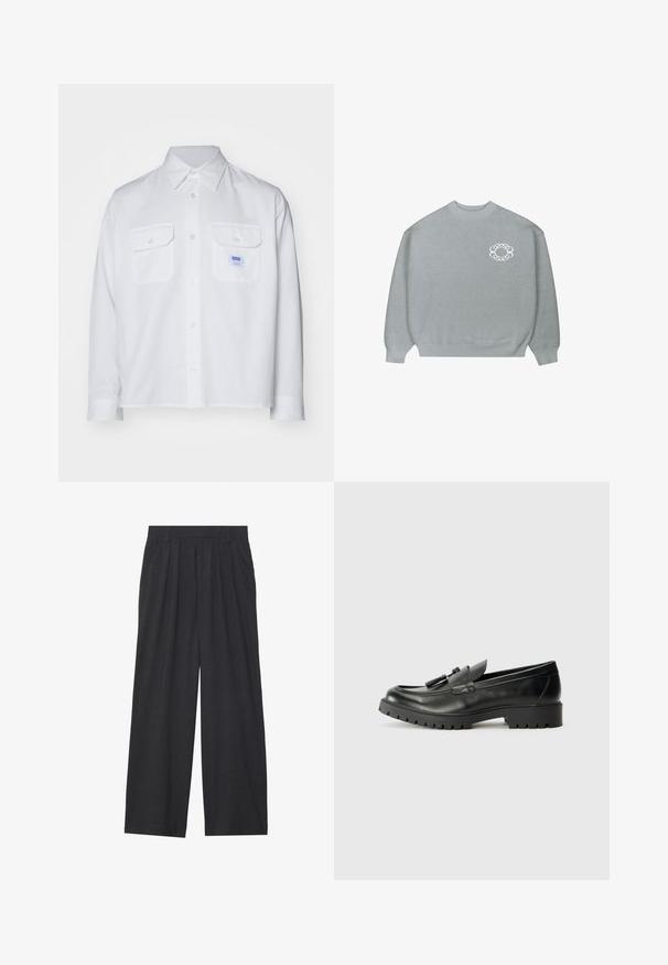 Light gray crewneck sweater with ribbed cuffs and hem, featuring a small white chain-link circular logo on the left chest.; White long-sleeve shirt made of cotton, featuring two chest pockets and a button-down collar. Includes a small blue brand label on the left pocket.; Wide-leg trousers made of dark gray fabric. Features pleats at the waist, a tailored design, and a straight silhouette.; Black leather loafers with a rounded toe, prominent stitching, and a textured rubber sole. Features decorative hardware on the vamp.