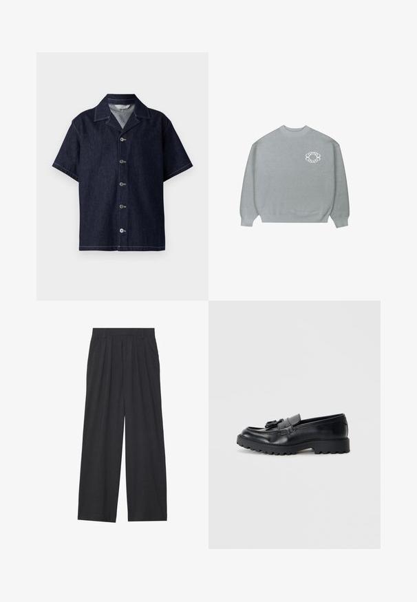 Maglione grigio chiaro a girocollo con polsini e orlo a costine, caratterizzato da un piccolo logo circolare a catena bianca sul lato sinistro del petto.; Camicia in denim a maniche corte di colore blu scuro, con colletto a punta, chiusura con bottoni e cuciture bianche a contrasto. Texture morbida.; Pantaloni a gamba larga realizzati in tessuto grigio scuro. Presentano pences in vita, un design sartoriale e una silhouette dritta.; Mocassini in pelle nera con finitura lucida, suola in gomma spessa e dettaglio decorativo con nappina sul davanti.