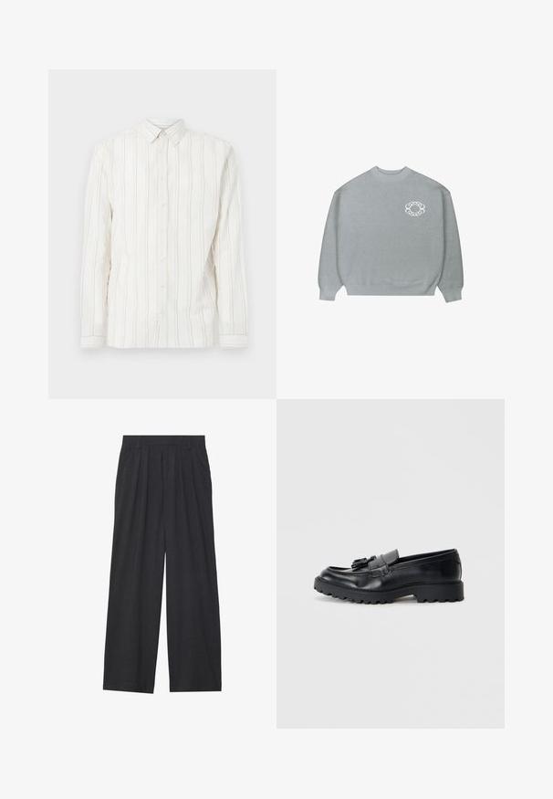 Light gray crewneck sweater with ribbed cuffs and hem, featuring a small white chain-link circular logo on the left chest.; White long-sleeve button-up shirt with vertical light brown stripes, a classic collar, and button-front closure. Soft, textured fabric.; Wide-leg trousers made of dark gray fabric. Features pleats at the waist, a tailored design, and a straight silhouette.; Black leather loafers with a glossy finish, chunky rubber sole, and decorative tassel detail on the front.