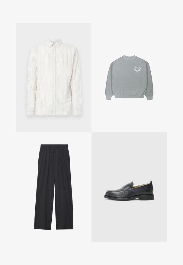 Heledhalli crewneck särk ripsmetega varrukaotsades ja allservas, millel on vasakul rinnal väike valge kettlinkide ringikujuline logo.; Valge pika varrukaga nööbiga särk, millel on vertikaalsed heleda pruuni värvi triibud, klassikaline krae ja nööpidest eeslukk. Pehme, tekstuuriga kangas.; Laiene püksid, mis on valmistatud tumedast hallist kangast. Omavad vööümbrikus voldikuid, on kohandatud disainiga ja sirge siluett.; Mustad mustad nahast loaferid, millel on sile viimistlus, lame tall ja ümar varvas, koos dekoratiivse rihmaga üle pealmise osa.
