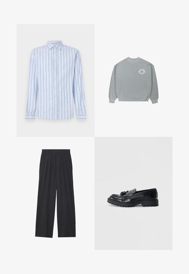 Šviesiai pilkas megztinis su apvaliu kaklu, su guluojančiomis rankogaliais ir apatine dalimi, turintis mažą baltą grandinėlės formos logotipą kairiajame krūtinės pusėje.; Šviesiai mėlynas ilgomis rankovėmis marškinys su baltomis ir tamsiai mėlynomis vertikaliomis juostelėmis, mygtukais užsegamas apykaklė ir priekinis užsegimas. Švarus audinio raštas.; Tamsiai pilkos spalvos plačios kojos kelnės. Su klostėmis ties juosmeniu, pritaikyta konstrukcija ir tiesi siluetas.; Juodi odiniai loafersai su blizgiu paviršiumi, storiu guminiu padu ir dekoratyviniais kutais priekyje.
