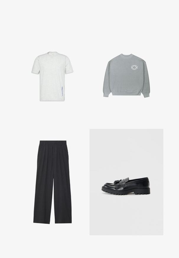 Light gray crewneck sweater with ribbed cuffs and hem, featuring a small white chain-link circular logo on the left chest.; Light grey short-sleeve t-shirt with crew neck and vertical blue "Calvin Klein" logo on the lower side seam.; Wide-leg trousers made of dark gray fabric. Features pleats at the waist, a tailored design, and a straight silhouette.; Black leather loafers with a glossy finish, chunky rubber sole, and decorative tassel detail on the front.