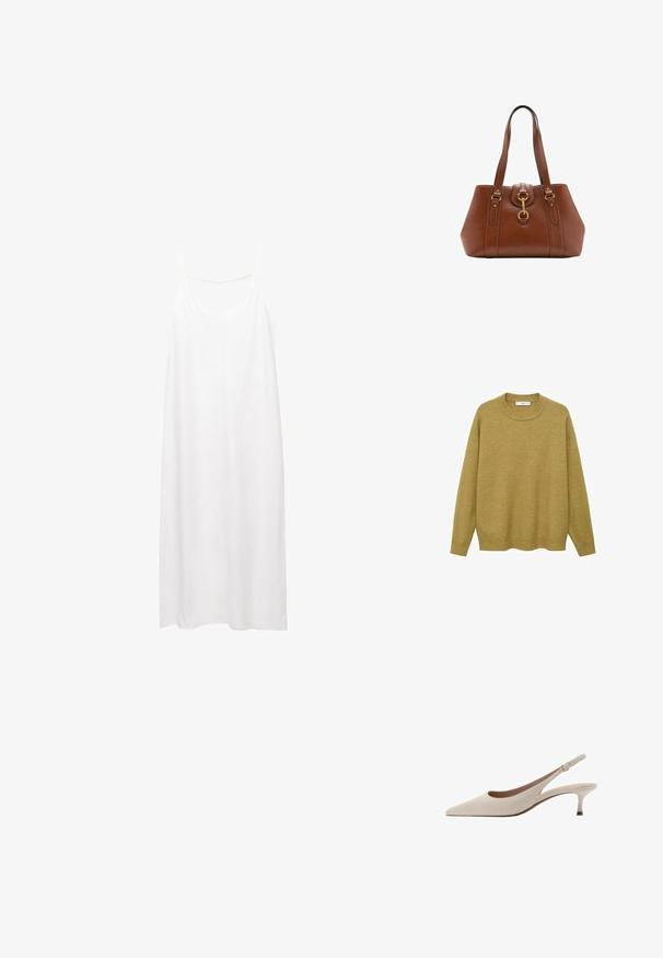 Trui in mosterdgeel, gemaakt van zachte stof. Voorzien van een geribbelde ronde halslijn en lange mouwen met een reguliere pasvorm en een rechte zoom.; Witte, mouwloze jurk met een V-hals en dunne bandjes. Eenvoudige, rechte snit met een gladde textuur en zonder patronen of versieringen.; Beige slingback hakken met een puntige neus en een lage, uitlopende hak. Gemaakt van glad leer met een minimalistisch ontwerp en een verstelbare band.; Bruine leren handtas met dubbele banden, een afgeronde vorm, gouden hardware en een centrale sluiting. Gladde textuur met gestikte accenten.