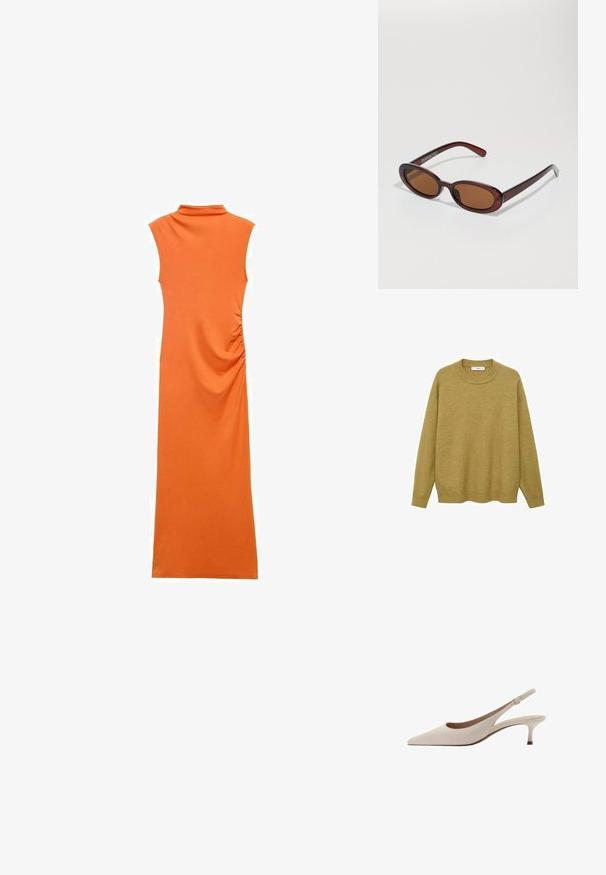 Trui in mosterdgeel, gemaakt van zachte stof. Voorzien van een geribbelde ronde halslijn en lange mouwen met een reguliere pasvorm en een rechte zoom.; Oranje mouwloze jurk met een hoge kraag, voorzien van zijschoffering en een lange, aansluitende silhouet in een zachte, rekbare stof.; Beige slingback hakken met een puntige neus en een lage, uitlopende hak. Gemaakt van glad leer met een minimalistisch ontwerp en een verstelbare band.; Ronde, bruin getinte zonnebril met een glanzend bordeauxrood frame. Slanke pootjes met subtiele merkdetails. Vlakke lensontwerp.