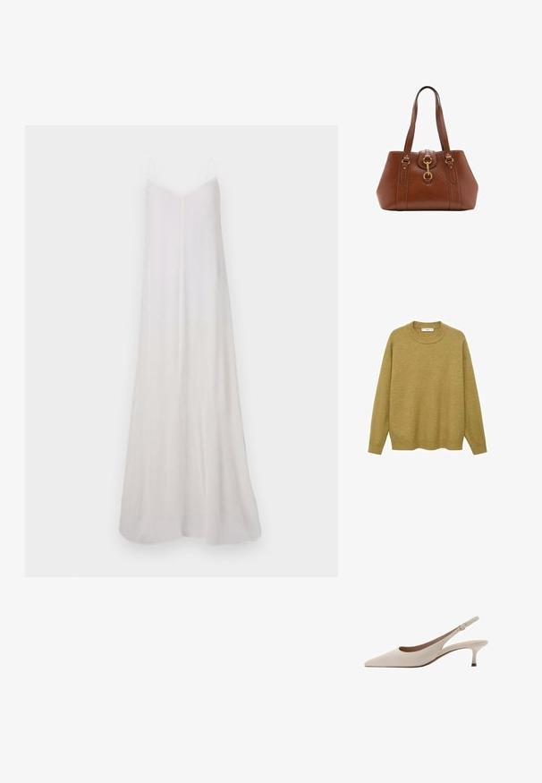 Tröja i senapsgul, tillverkad av mjukt tyg. Har en ribbad rund halsringning och långa ärmar med en vanlig passform och rak fåll.; Lång, vit, ärmlös klänning gjord av lättviktig tyg. Den har en v-ringning, flödande silhuett och en subtil gradering i texturen.; Beige slingbackklackar med spetsig tå och en låg, utsvängd klack. Tillverkade av slätt läder med en minimalistisk design och justerbar rem.; Brun läderhandväska med dubbla remmar, en rundad form, guldhardware och detalj med centralspänne. Slät textur med sömmade accenter.