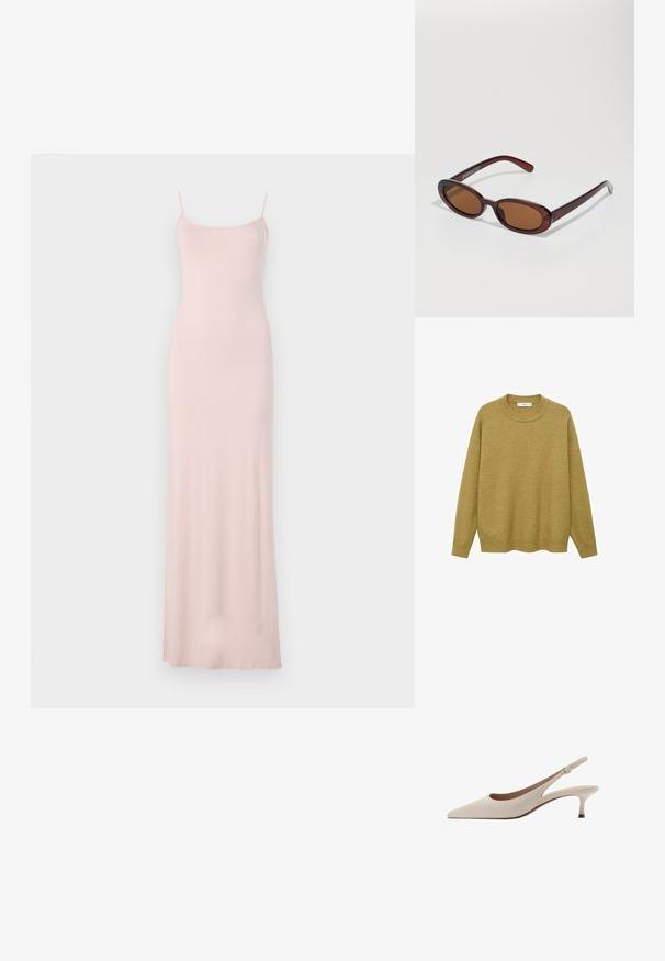 Pulover u gorućoj žutoj boji, napravljen od mekanog materijala. Ima rebrasti okrugli izrez i duge rukave sa regularnim krojem i ravnim rubom.; Roze, bezručni maksi haljina s uskim korzetom i lepršavom suknjom. Izrađena od mekog, glatkog materijala s minimalističkim dizajnom i bez vidljivih uzoraka.; Bež sandale s potpeticom, s uskim vrhom i niskom, proširenom potpeticom. Izrađene od glatke kože s minimalističkim dizajnom i podesivim remenom.; Okvir okruglih, smeđkastih sunčanih naočala s sjajnim burgundskim okvirom. Uski nositelji s suptilnim brendiranjem. Ravna leća.