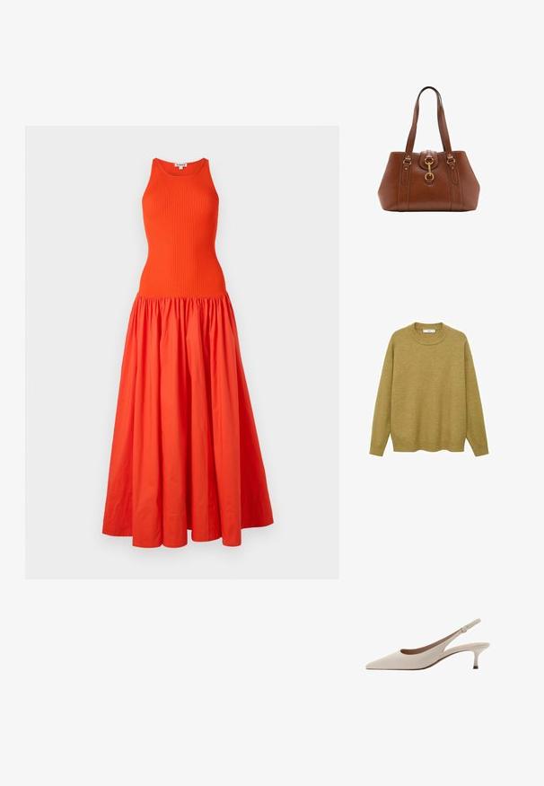 Sweter w kolorze musztardowym, wykonany z miękkiego materiału. Posiada żebrowany okrągły dekolt oraz długie rękawy w regularnym kroju i prostym wykończeniu.; Długa pomarańczowa sukienka z ribbowanym, bezrękawnikowym topem i zgromadzoną, zwiewną spódnicą wykonaną z lekkiego materiału. Czysty design bez dodatkowych ozdób.; Beżowe szpilki slingback z zakończeniem w szpic i niskim, rozkloszowanym obcasem. Wykonane z gładkiej skóry, o minimalistycznym wzornictwie i regulowanym pasku.; Brązowa skórzana torebka z podwójnymi uchwytami, okrągłym kształtem, złotymi okuciem i centralnym detalem z klamrą. Gładka tekstura z haftowanymi akcentami.