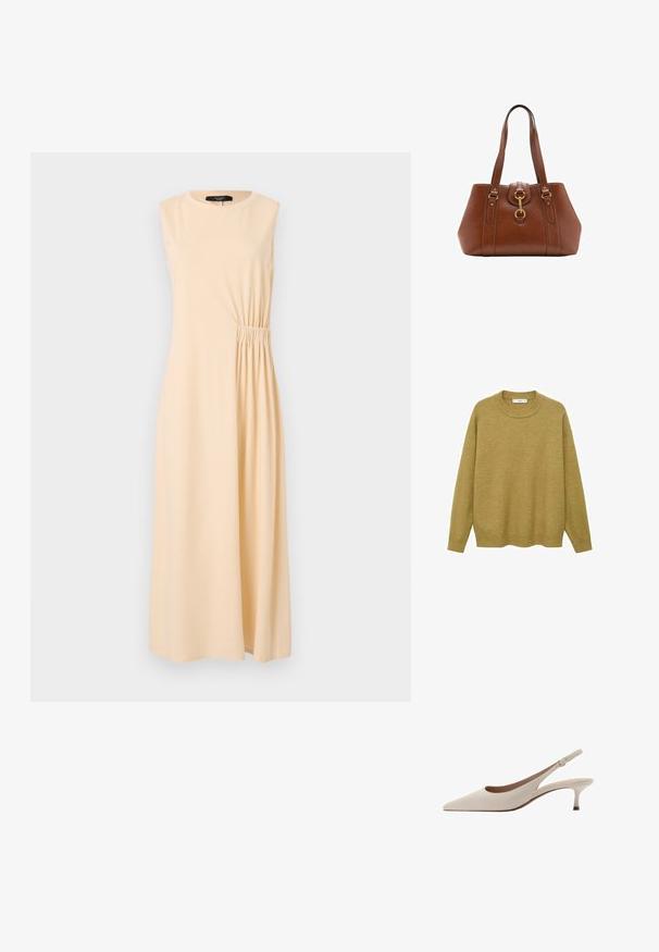 Sweater in mustard yellow, made of soft fabric. Features a ribbed round neckline and long sleeves with a regular fit and a straight hem.; Sleeveless midi dress in light beige, featuring a gathered side detail. Made from soft fabric, with a round neckline and relaxed fit.; Beige slingback heels with a pointed toe and a low, flared heel. Made from smooth leather with a minimalistic design and adjustable strap.; Brown leather handbag with dual straps, a rounded shape, gold hardware, and a central buckle detail. Smooth texture with stitched accents.