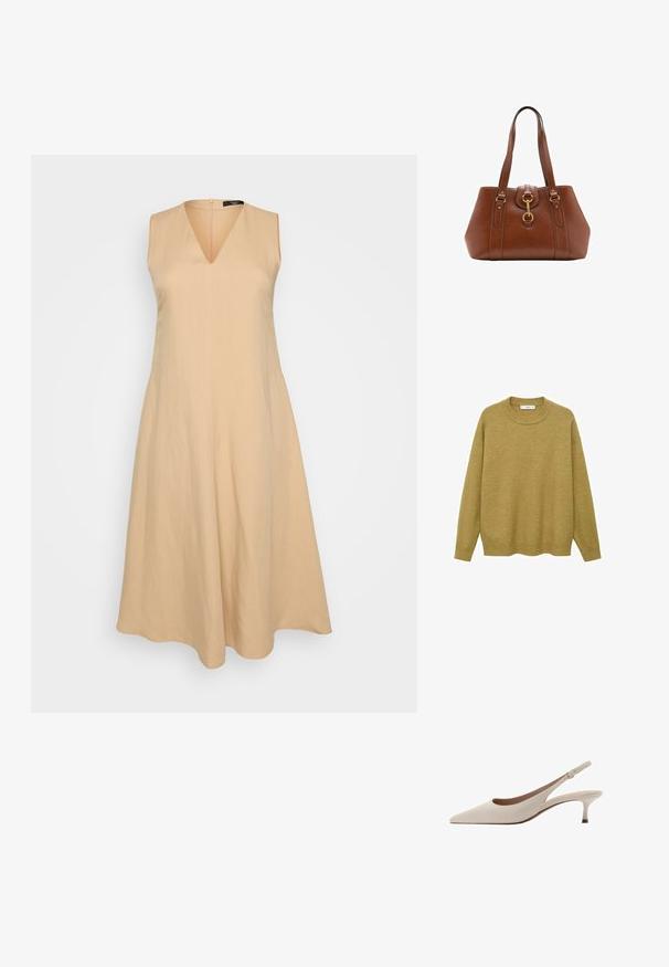 Sveter v horčicovej žltej farbe, vyrobený z mäkkej tkaniny. Má rebrovaný okrúhly výstrih a dlhé rukávy s bežným strihom a rovného lemu.; Béžové šaty bez rukávov s výstrihom do V, rozšírené od pásu, vyrobené z ľahkého materiálu, s uzatvorením na zips na chrbte.; Béžové lodičky na opätku s špicatou špičkou a nízkym rozšíreným opätkom. Vyrobené z hladkej kože s minimalistickým dizajnom a nastaviteľným popruhom.; Hnedá kožená taška s dvojitými popruhmi, zaobleným tvarom, zlatými kovovými doplnkami a centrálnym detailom s prackou. Hladký povrch s prešitými akcentami.