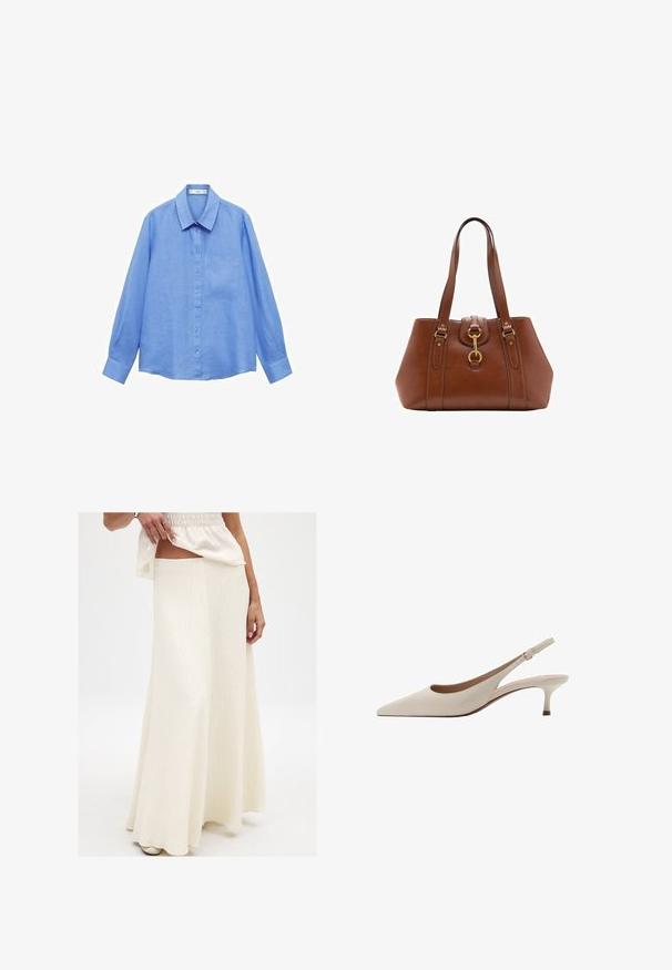 Sweater in mustard yellow, made of soft fabric. Features a ribbed round neckline and long sleeves with a regular fit and a straight hem.; Light blue long-sleeve linen shirt with a collar, front buttons, and a left chest pocket; features a clean, minimalist design.; Cream, long maxi skirt with a textured finish. Features a fitted waist and flowing silhouette, paired with a loose, vibrant top.; Beige slingback heels with a pointed toe and a low, flared heel. Made from smooth leather with a minimalistic design and adjustable strap.; Brown leather handbag with dual straps, a rounded shape, gold hardware, and a central buckle detail. Smooth texture with stitched accents.
